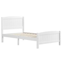 a white bed frame with wooden slats on the bottom and foot board, against a white background