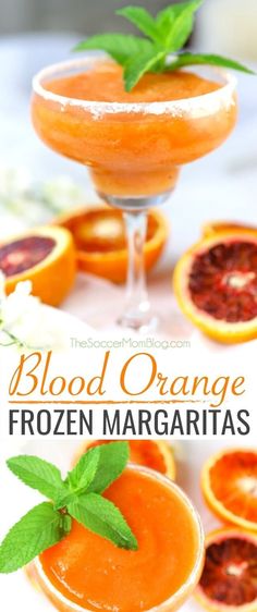 blood orange frozen margaritas with fresh mint garnish on the rim and text overlay that reads blood orange frozen margaritas