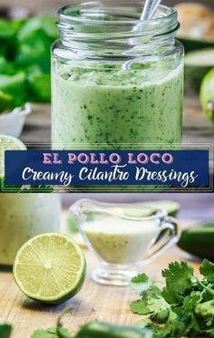 a jar filled with creamy guacamole dressing next to sliced limes and cilantro