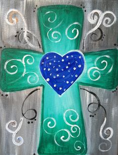 a painting of a green cross with a blue heart on it's center piece