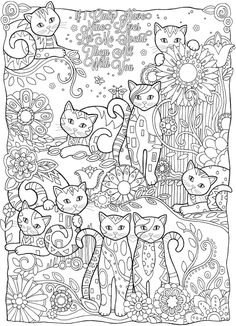 an adult coloring page with cats and flowers