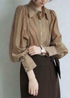 French Coffee Peter Pan Collar Patchwork Silk Shirt Puff Sleeve Puffed Sleeves Shirt, Batwing Sleeve Shirt, French Coffee, Puff Sleeve Shirt, Comfortable Room, Loose Blouse, Spring Shirts, Office Lady, Pan Collar