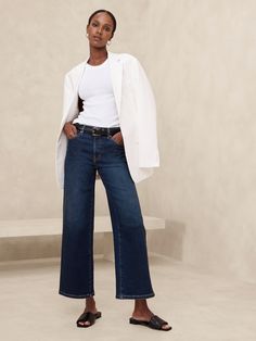 High-Rise Wide-Leg Crop Jean | Banana Republic Factory Wide Cropped Jeans Outfit, Cropped Jeans Outfit, Cropped Outfits, Cropped Wide Leg Jeans, Stretch Denim Fabric, Water Saving, Shank Button, Casual Friday, Banana Republic Factory