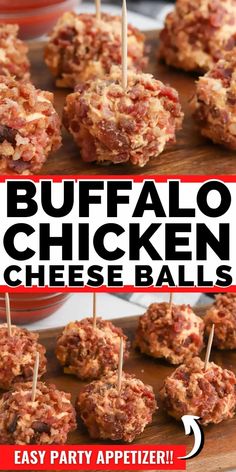 buffalo chicken cheese balls on a cutting board with text overlay reading buffalo chicken cheese balls easy party appetizer