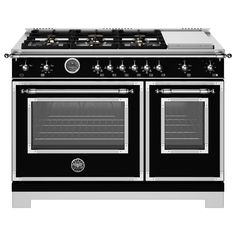 a black and silver stove top oven with two burners on the front, and one door open