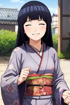 an anime character with long black hair wearing a kimono and holding her hand out