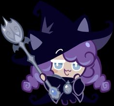 a cartoon character with purple hair wearing a witches hat and holding a wand