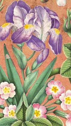 a painting of purple flowers and green leaves