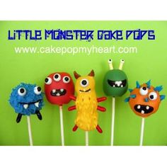 five little monster cake pops on a stick