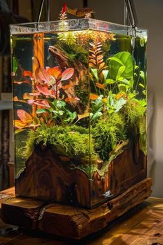 an aquarium filled with plants and rocks on top of a wooden table