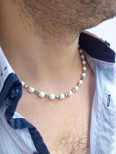 Mens pearl necklace,Beaded y2k choker,Secret Santa gift,Hematite gemstone choker,Boyfriend gift ideas,Y2k real pearl necklace men by JewelryByElisForMen on Etsy Pearl Necklace Designs