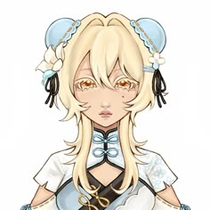 an anime character with long blonde hair wearing blue and white clothing, holding scissors in her hands