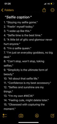 an iphone screen with the words selfie caption in yellow and black on it