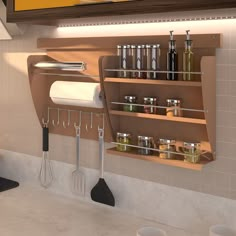 a wall mounted spice rack in a kitchen with utensils and spices on it