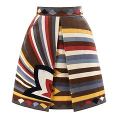 EMILIO PUCCI c.1960’s Multi-color Velvet Signature Print A-Line Pleated Skirt Circa: 1960’s Label(s): Emilio Pucci / Exclusively for Sak’s Fifth Avenue. Style: A-line skirt Color(s): Shades of brown, cream, yellow, red, blue, grey and black. Lined: Yes Marked Fabric Content: 100% Cotton Additional Details / Inclusions: Front pleated skirt with darts at waistline; banded waistline; left seam zipper with hook and eye closure at top; lined; cotton velveteen fabric. Made In: Italy Additional Packagi 1970’s Skirt, 70s Prints, Pucci Vintage, Skirt Ideas, Symmetrical Design, Vogue Pattern, Cream Yellow, Printed Maxi Skirts, Velvet Skirt