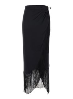 Long skirt Sarong Fringes at the edges String fastening at the waistband Black Silk stretch Wide fitComposition: 96% Silk 4%Elastan Wrap Skirt With Fringe, Black Elastane Pencil Skirt For Evening, Party Midi Skirt In Elastane, Elegant Fringe Bottoms For Evening, Party Elastane Midi Skirt, Elegant Fringe Skirt For Evening, Evening Elastane Pencil Skirt, Elastane Pencil Skirt For Party, Elegant High Waist Maxi Skirt In Elastane