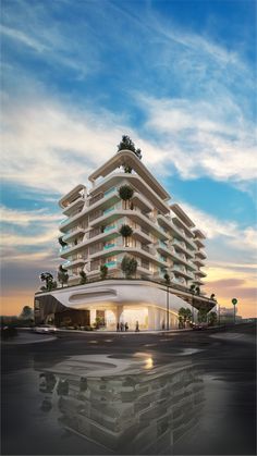 an artist's rendering of a building with palm trees on the top and bottom