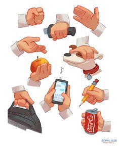 several hands holding different types of items and pointing at them with their thumbnails