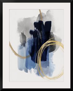 an abstract painting with gold lines and blue paint on white paper, framed in black wood frame