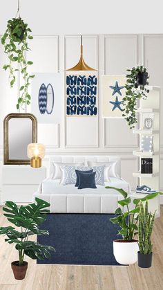 a living room filled with lots of plants next to a white couch and mirror on the wall