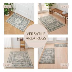 four different views of the area rugs in various sizes and colors, with text overlaying them