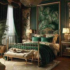 a bedroom decorated in green and gold with palm leaves on the wall behind the bed