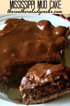 a close up of a piece of cake on a plate with chocolate frosting and icing