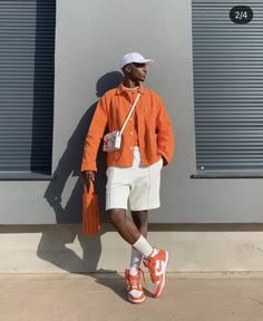 Monochromatic Men, Colourful Outfits Men Summer, Mens Orange Outfit, Orange Men Outfit, Bright Outfits Aesthetic Men, Male Street Fashion, Mens Colorful Streetwear, Men’s Bright Outfit, Orange Outfits Streetwear