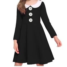 Adorable, Black Long Sleeve Dress With Peter Pan White Collar And Three Buttons With Pockets. Bottom Is Flared Out. This Could Be Worn For A Party, Church, Or As A “Wednesday Costume” At Halloween.! Black Dress Wednesday, Flare Black Dress, Wednesday Costume, Wednesday Addams Dress, Black Long Sleeve Dress, Pan Collar, Mean Girls, Peter Pan Collar, Girls Long Sleeve