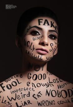 a woman with words all over her body