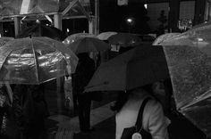 many people with umbrellas are walking down the street at night in black and white