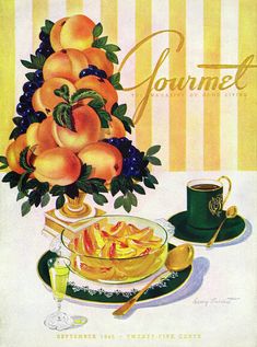 an advertisement for gourmet foods with peaches and coffee