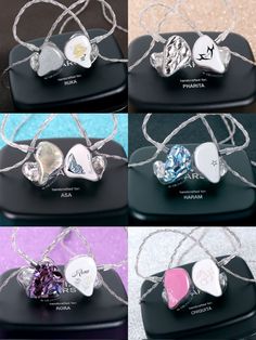 four different types of heart shaped pendants on display in multiple colors and sizes,