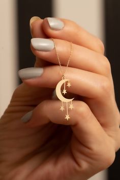 "14K Solid Gold Moon and Star Pendant Necklace /Crescent Moon Charm Necklace / Jewelry for Women / Mystic Gift For Her / Minimalist Necklace * Gold KT: 14K Solid Gold * Gold Color: 14k Yellow Gold * Chain Lengths: 14\", 15\", 16'' 18\", 20\", 22\", 24\" * The length of the chain in the photo is 18 inches * Pendant length: 2.60 cm * Pendant width: 1.10 cm Follow on Instagram - @bayargold.tr My Web Site - https://www.bayargold.com/ * Bayar Gold is a fine jewelry company. Please do not hesitate to ask us questions. We are always here to help you. * All items are packed in the high-quality jewelry box. The gift message is available. Please let us know what to write by leaving us a note at checkout. * Gift wrapping available. Express shipping * United States: 4-6 business days * Canada: 4-6 bus Dainty Charm Necklace, Cute Necklaces Aesthetic, Moon Gift Ideas, A Jewelry, Moon And Star Pendant, Sagittarius Pendant, Simple Necklaces, Crescent Moon Necklace Gold, Pendant Ideas