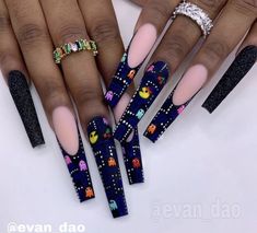 Video Game Nail Designs, Best Nail Designs 2023, Unique Nails Acrylic Coffin, Gengar Nails, Long Square Acrylic Nails Designs, Video Game Nails, Long Exotic Nail Designs, 3d Nail Designs Acrylics, Airbrush Nail Designs