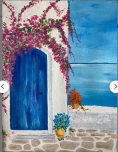 an image of a painting with flowers on the outside and blue door in the background