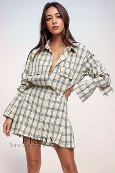 Fisdy - Vintage Plaid Imprimir Manga Larga Botón Abajo Mini Vestido Camisa Shirt Dresses For Women, Summer To Autumn, Knit Dress Pattern, Zebra Dress, To Autumn, Cover Girl, Half Sleeve Dresses, Vestidos Vintage, Long Sleeve Short Dress