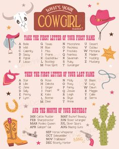 a poster with the words what's your cowgirl name? and other items