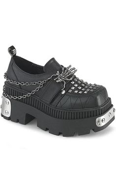 Stay Spooky™ with the WRATH-42 Mary Janes! These babies make a statement with the studs covering the front of the shoe and decked out with a spider and chains. Loafer Shoe, Demonia Shoes, Stay Spooky, Genuine Leather Boots