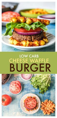 low carb cheese waffle burger with tomatoes and lettuce on the side