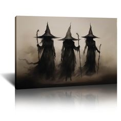 three witches in black and white on a foggy day canvas wall art print, ready to hang