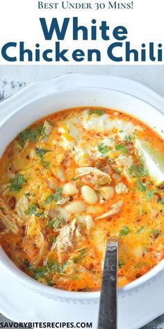 white chicken chili in a bowl with the title above it