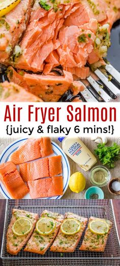 air fryer salmon on a grill with lemons and parsley