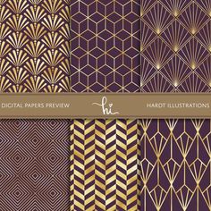 digital paper pack with gold and purple art deco patterns, hand drawn illustrations for commercial use