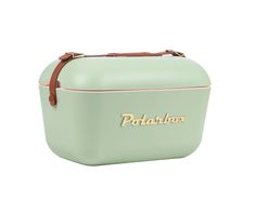 a mint green lunch box with the word pothlox on it's side