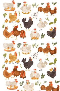 chickens and roosters with music notes on them