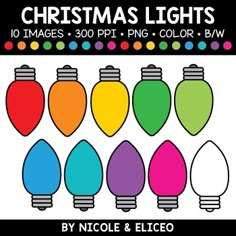 christmas lights clipart set with colored bulbs on white paper and black background for commercial use