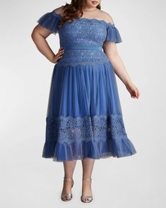 Tadashi Shoji Plus Size Pleated Floral Lace Midi Dress | Neiman Marcus What Is Cocktail Attire, Pleated Tulle, Tulle Midi Dress, Midi Dress Plus Size, Elegant Midi Dresses, American Fashion Designers, Corded Lace, Cocktail Attire, Floor Length Gown