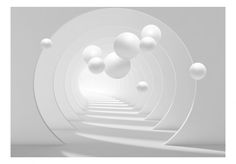 an abstract white background with many balls in the center and one on the right side