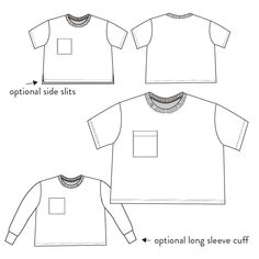 the front and back view of a t - shirt with an additional long sleeve cut